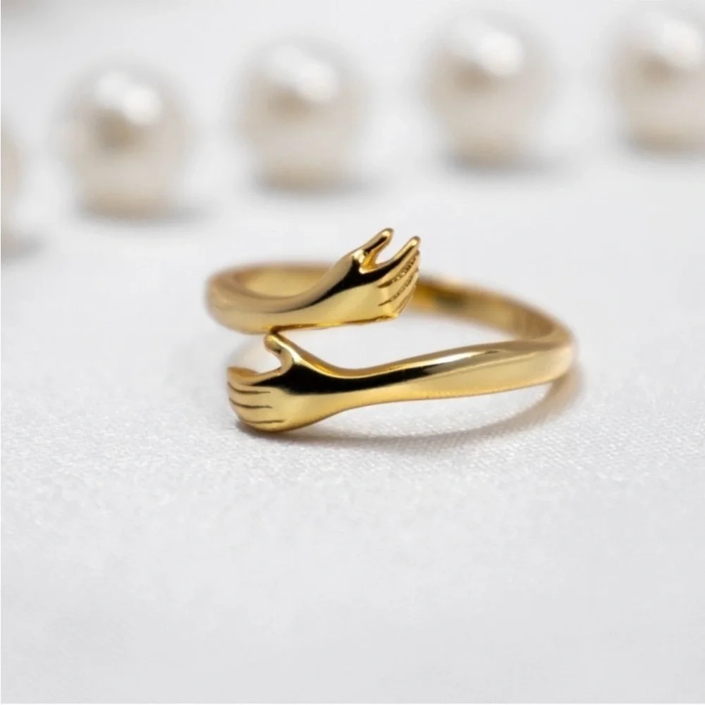 925 Sterling Silver Embrace Adjustable Gold Hug Hands Ring